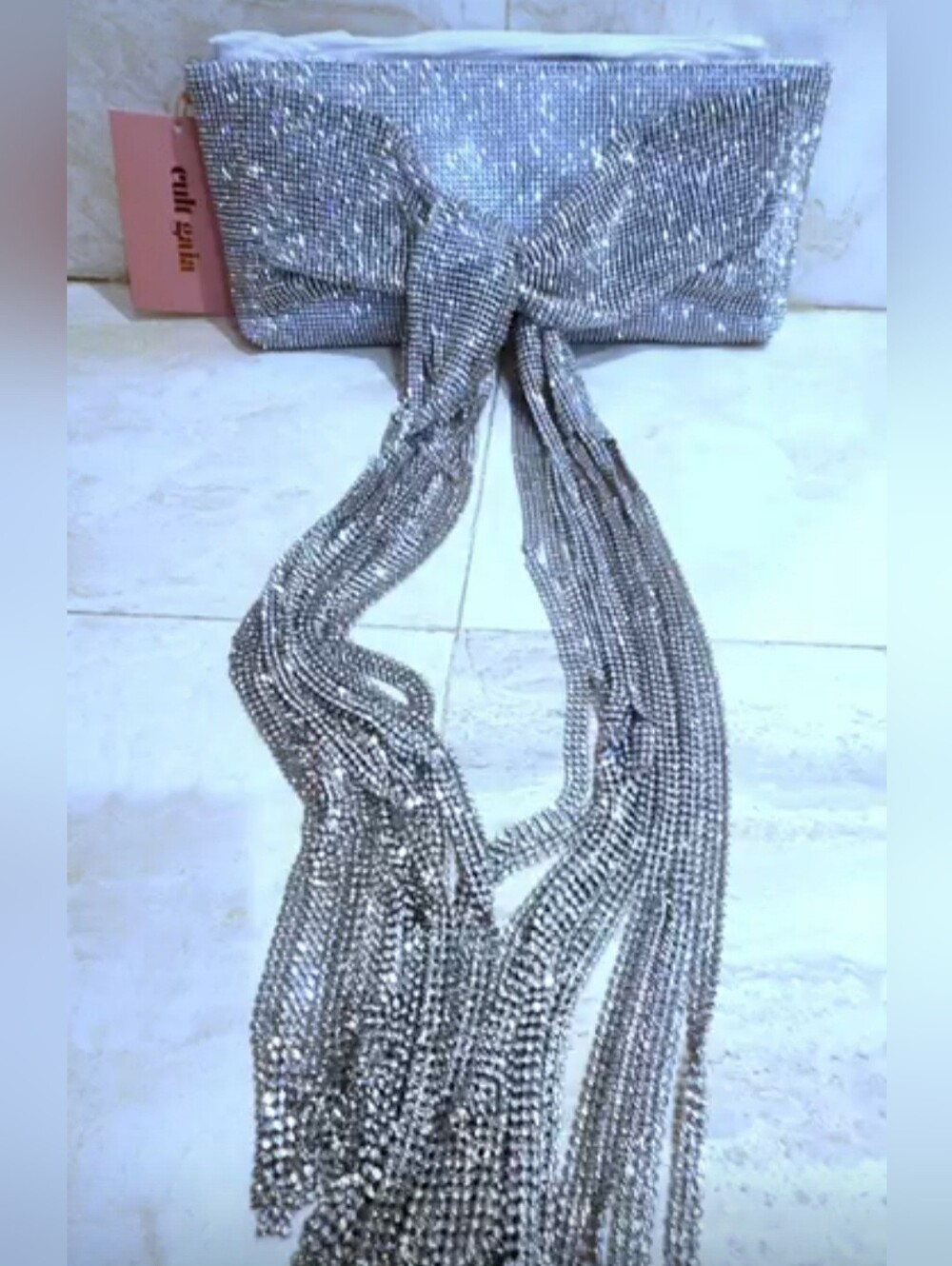 Authentic CULT GAIA Crystal-Embellished Silver Evening Clutch with Chain Fringe